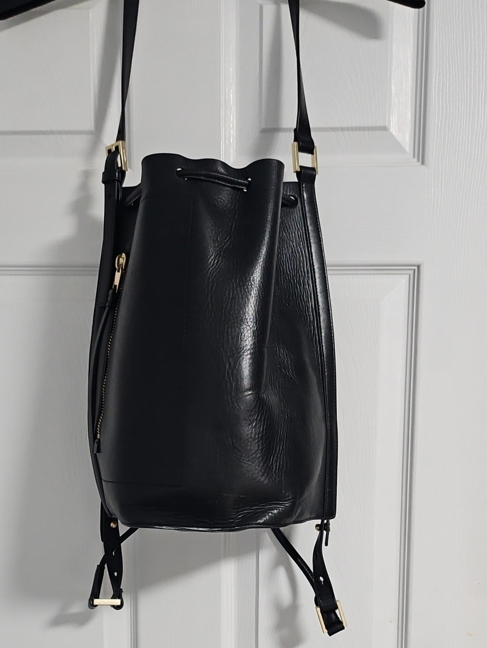 AllSaints Black Leather Drawstring Backpack with Gold Hardware